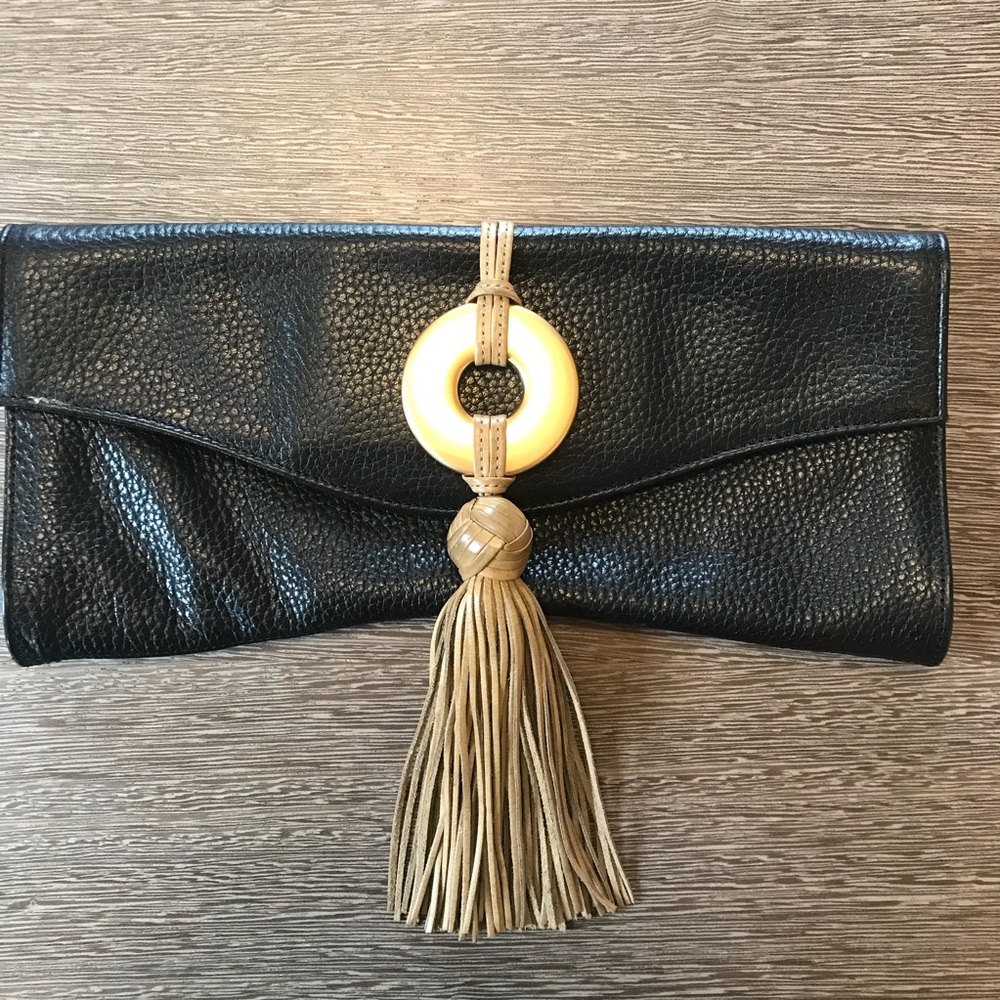 Alexisuospny Black Leather Tassel Clutch Bag